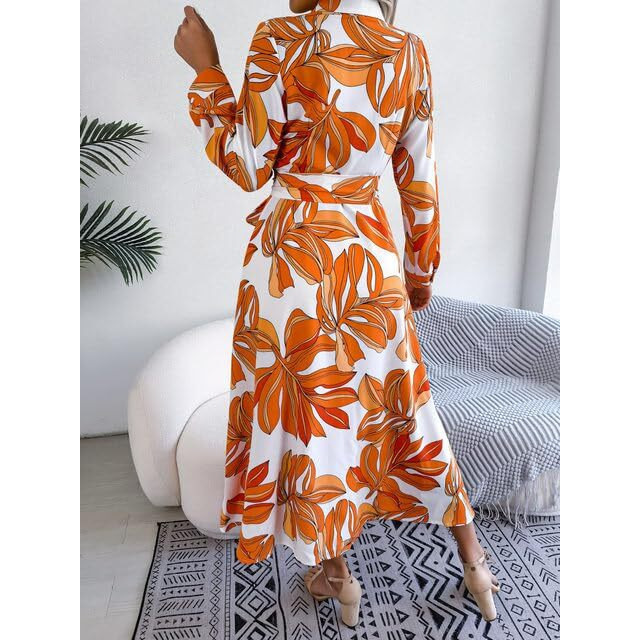 Gufrina Women's Full Sleeve Collar Neck Western Dress - Floral Print Maxi Dress With Slit And Tie-Up Belt (Orange Xxl)