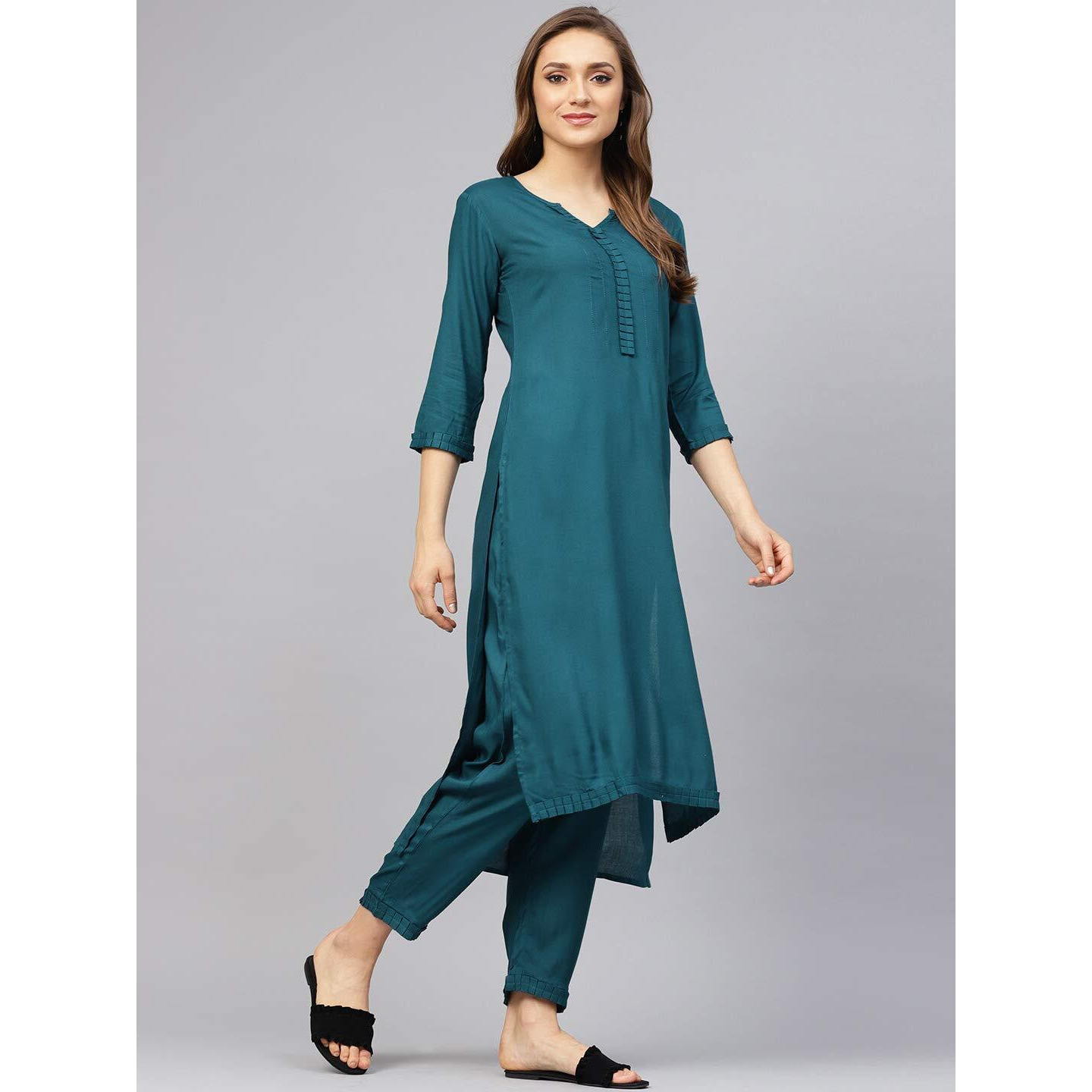 Idalia Rayon Solid Straight Kurta With Pant Set - Women Kurta Set For Wedding, Formal Occasions - 3/4 Sleeve, Calf Length, Round V Neck, Fusion Wear Navy Blue