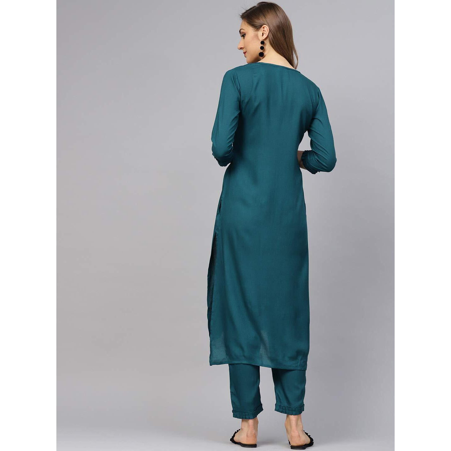 Idalia Rayon Solid Straight Kurta With Pant Set - Women Kurta Set For Wedding, Formal Occasions - 3/4 Sleeve, Calf Length, Round V Neck, Fusion Wear Navy Blue