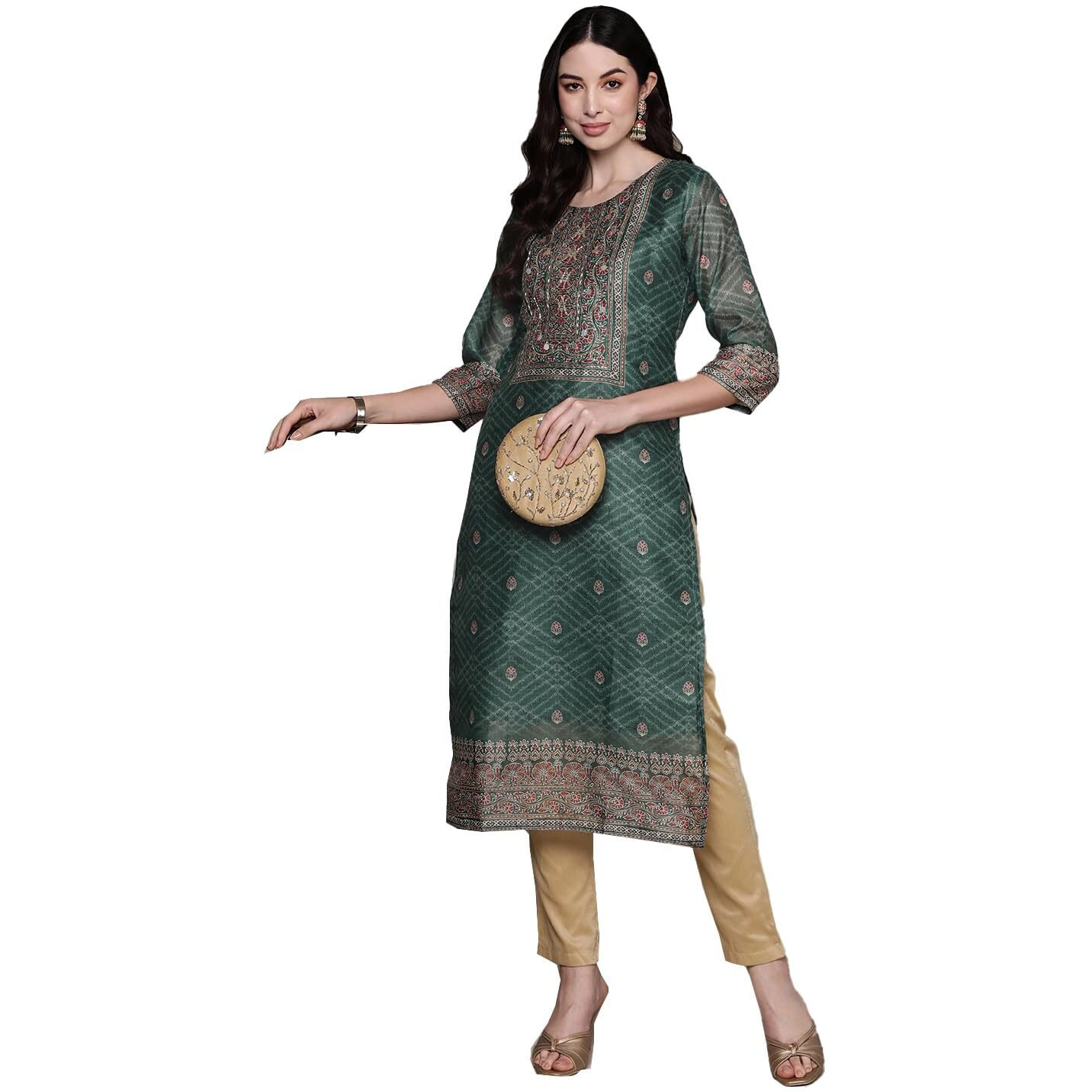 Ishin Women's Silk Ethnic Motifs Green Straight Kurta
