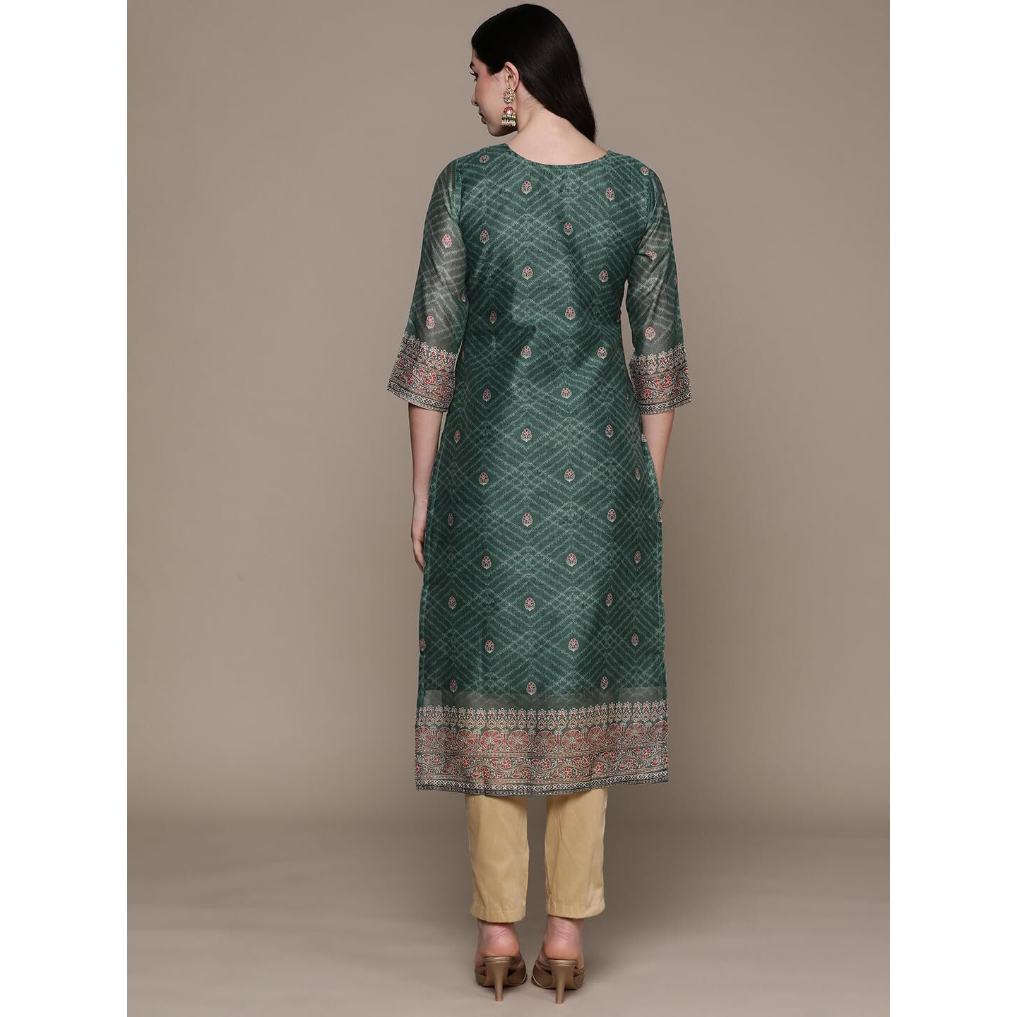 Ishin Women's Silk Ethnic Motifs Green Straight Kurta