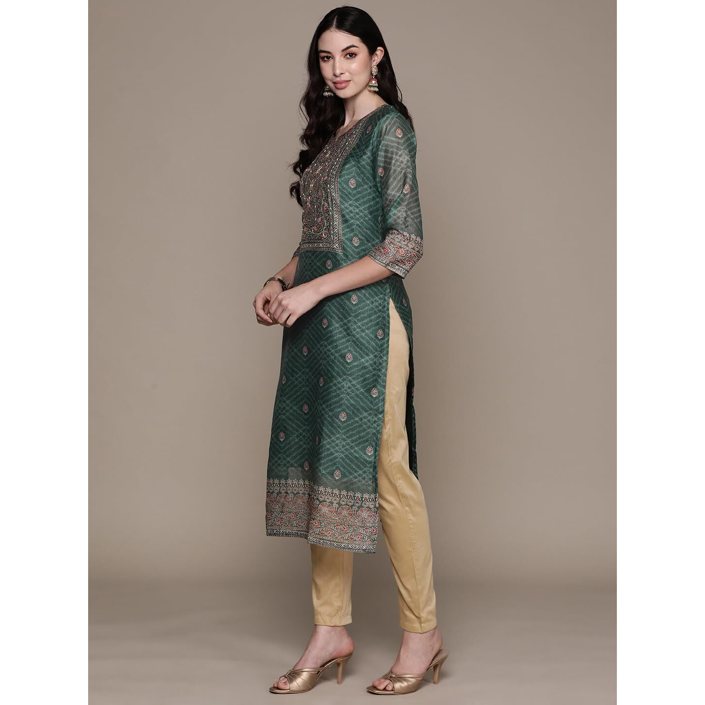 Ishin Women's Silk Ethnic Motifs Green Straight Kurta