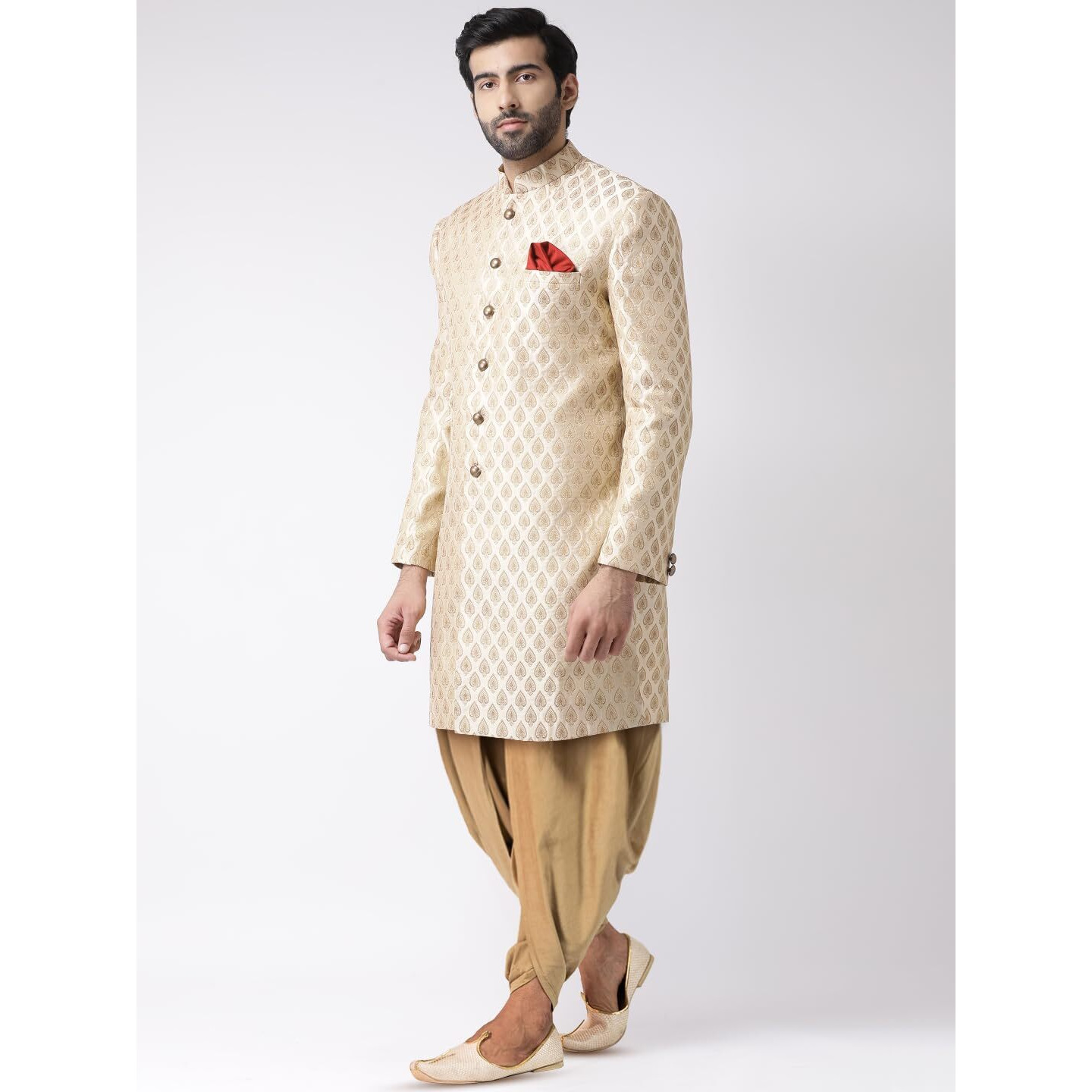 Kisah Men's Cotton Blend Full Sleeves Regular Fit Woven Design Cream-Beige Indo-Western Sherwani Dhoti Pant Set (L)