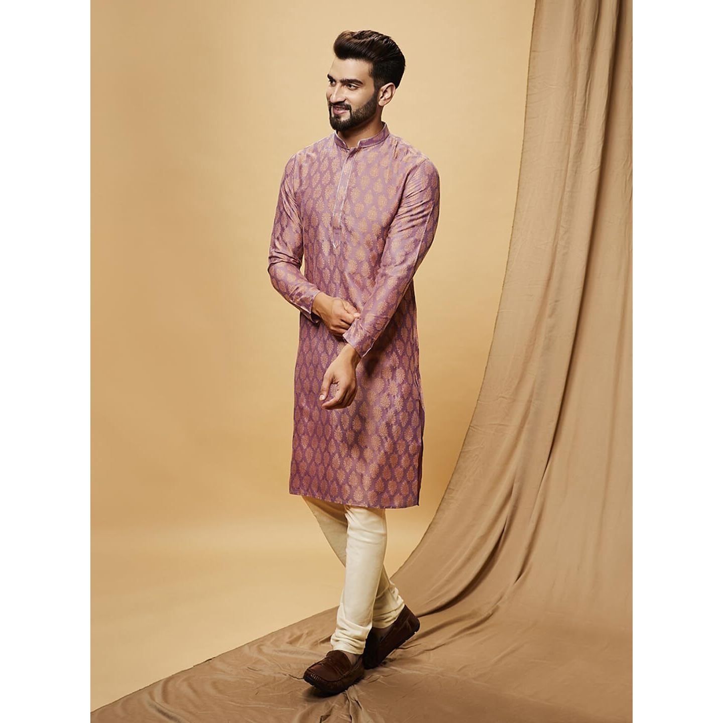 Kisah Men's Kurta, Purple Jacquard, Woven Design Regular Fit Mandarin Collar Long Sleeves (L)
