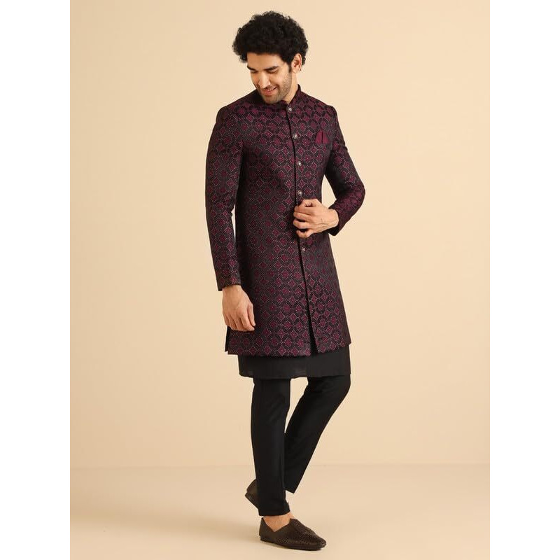 Kisah Sherwani Set For Men  Silk Blend Woven Jacquard Indo Western Sherwani With Kurta And Trouser | Designer Ethnic Outfit For Weddings & Festivals, Burgundy, 38