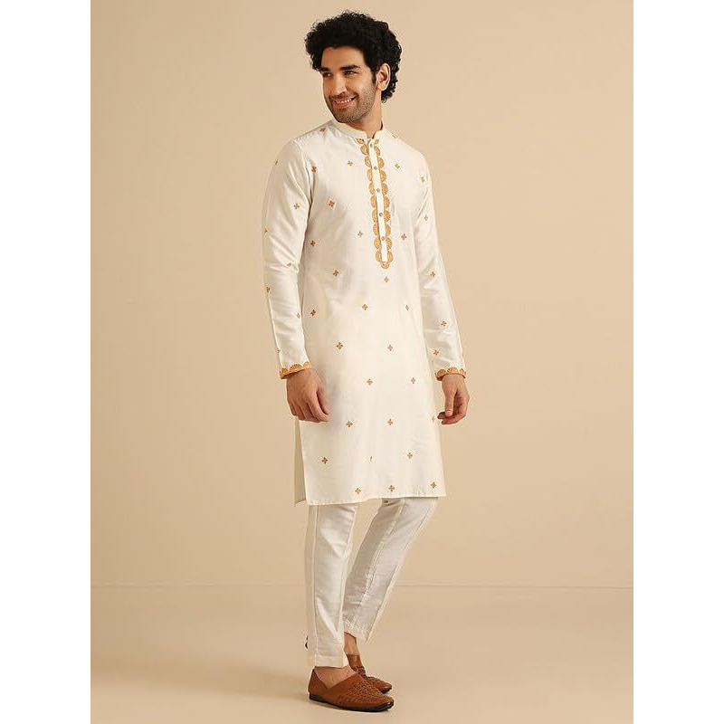 Kisah Men's Kurta, Off White Cotton Blend, Embroidered Mandarin Collar Regular Fit Long Sleeves (42)