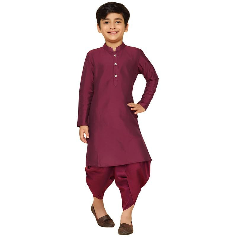 Kisah Boy's Kurta Dhoti Set, Cotton Blend Magenta, Solid Long Sleeves Regular Fit Mandarin Collar (11-12 Years)