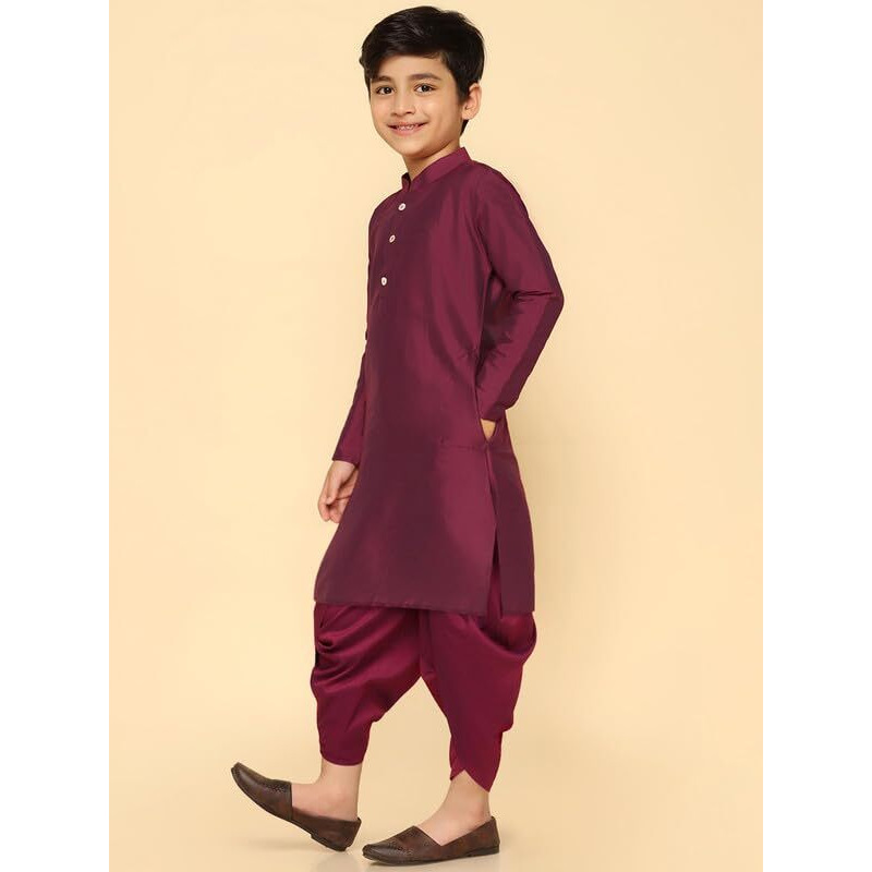 Kisah Boy's Kurta Dhoti Set, Cotton Blend Magenta, Solid Long Sleeves Regular Fit Mandarin Collar (11-12 Years)