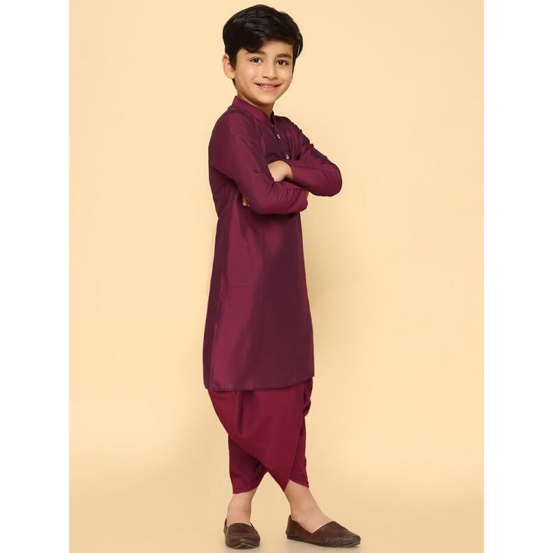Kisah Boy's Kurta Dhoti Set, Cotton Blend Magenta, Solid Long Sleeves Regular Fit Mandarin Collar (11-12 Years)