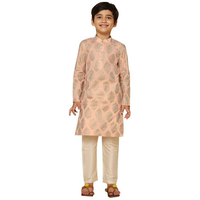 Kisah Kid's Full Sleeves Cotton Blend Knee Length Foil Print Kurta Pajama Set For Boys, Peach, 5-6 Years