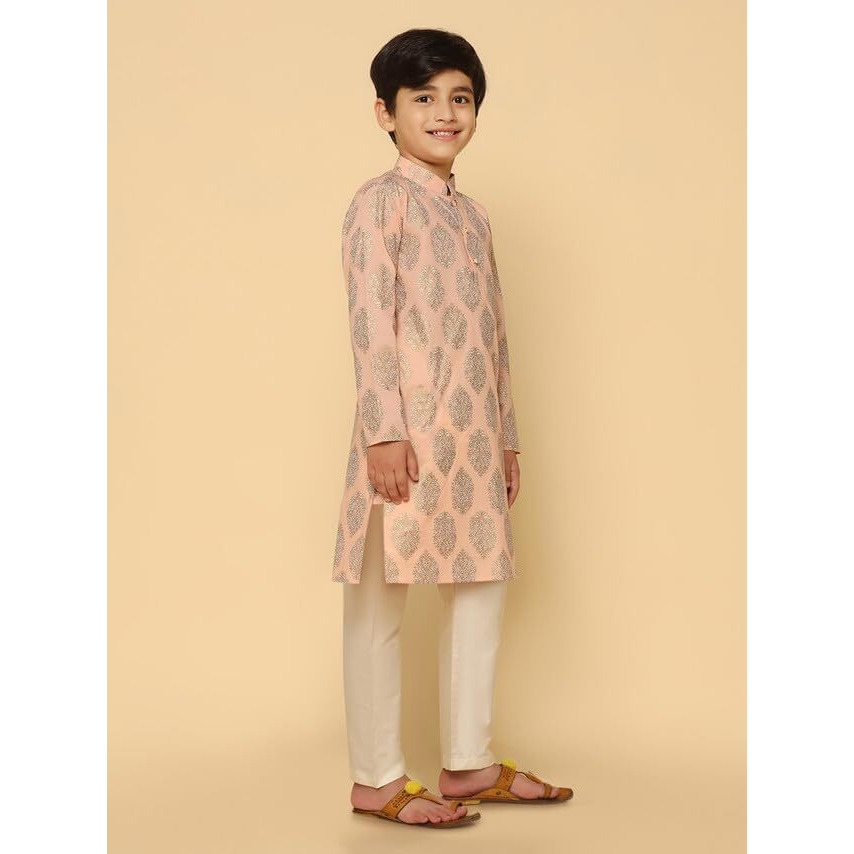 Kisah Kid's Full Sleeves Cotton Blend Knee Length Foil Print Kurta Pajama Set For Boys, Peach, 5-6 Years