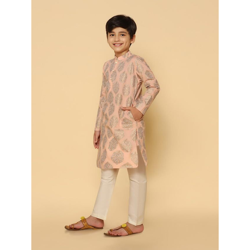 Kisah Kid's Full Sleeves Cotton Blend Knee Length Foil Print Kurta Pajama Set For Boys, Peach, 5-6 Years