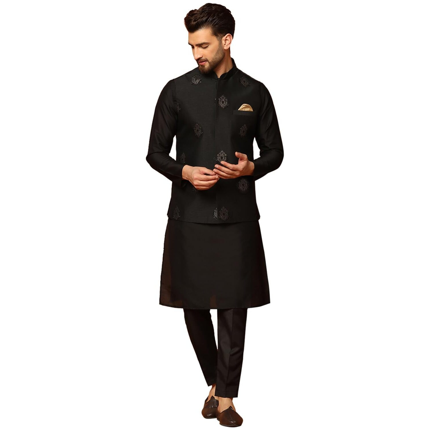 Kisah Men's Kurta Jacket Trousers Set Cotton Blend, Embroidered, Full Sleeves, Straight, Regular Fit, Mandarin Collar Ethnic Casual Wear