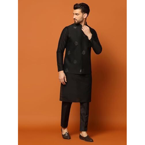 Kisah Men's Kurta Jacket Trousers Set Cotton Blend, Embroidered, Full Sleeves, Straight, Regular Fit, Mandarin Collar Ethnic Casual Wear