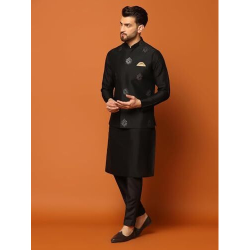 Kisah Men's Kurta Jacket Trousers Set Cotton Blend, Embroidered, Full Sleeves, Straight, Regular Fit, Mandarin Collar Ethnic Casual Wear