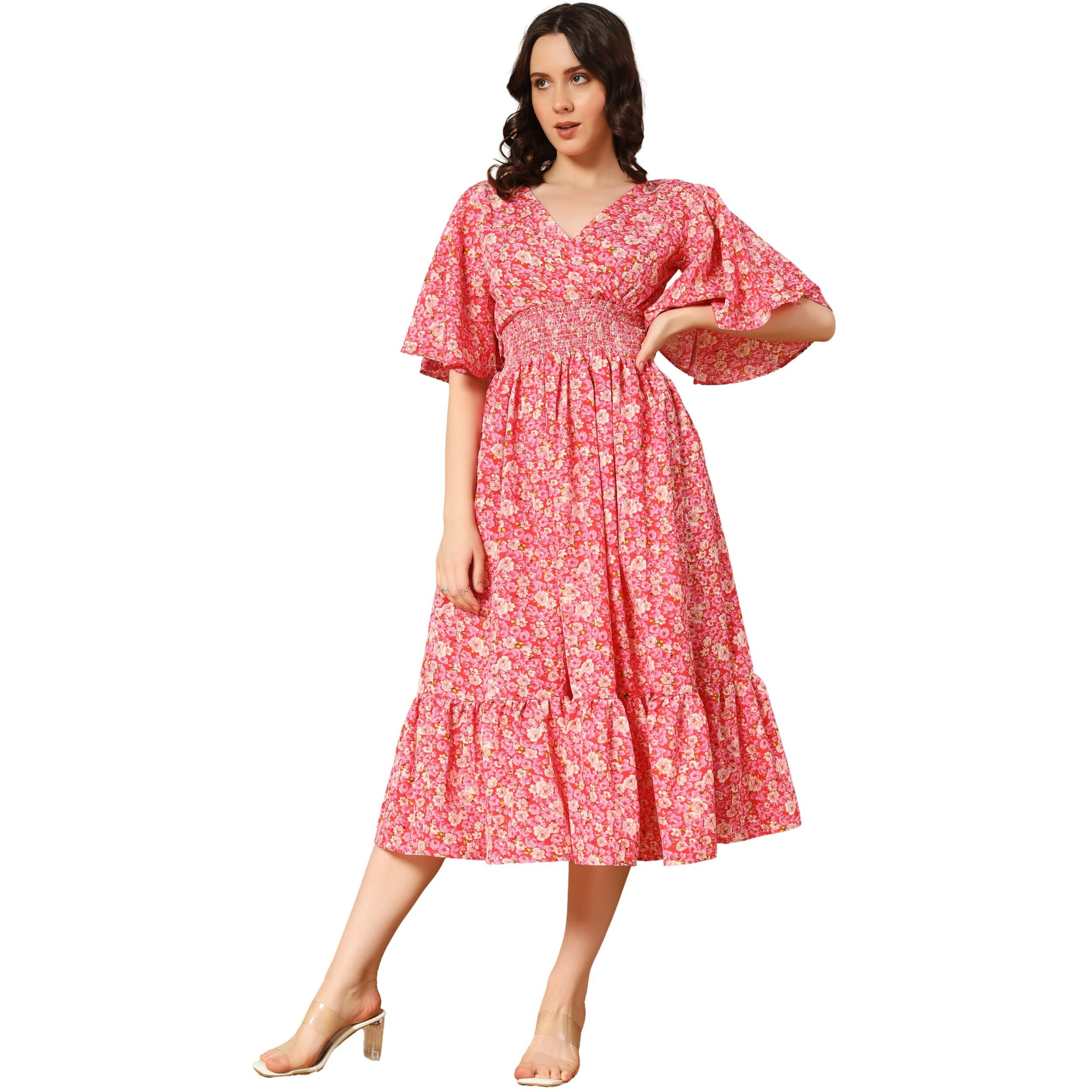 Kzully Women's Rayon Smocked Midi Casual Dress (6001-Pink-Flower- Pink-Flower_Xl)