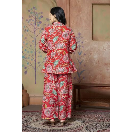 Leriya Fashion Women Ethnic Kurta Set | Rayon Co-Ord Set | Fancy Pajama Set | Pack Of 2 | Floral Printed Top & Pant Set | Full Pair Set | A-Line Kurta Set For Women (Small, Red) Lf-K-W1862&Tr913