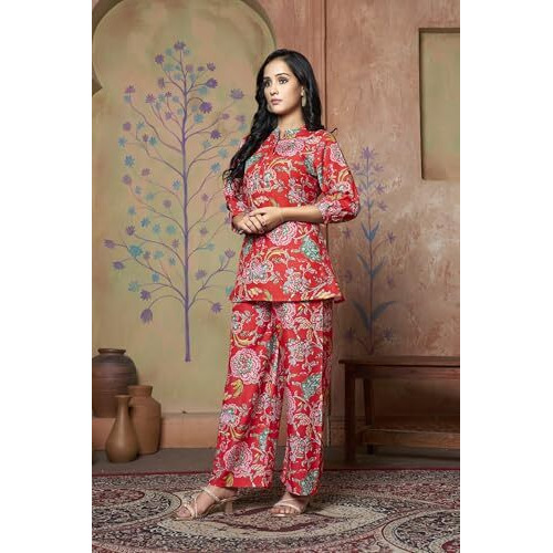 Leriya Fashion Women Ethnic Kurta Set | Rayon Co-Ord Set | Fancy Pajama Set | Pack Of 2 | Floral Printed Top & Pant Set | Full Pair Set | A-Line Kurta Set For Women (Small, Red) Lf-K-W1862&Tr913