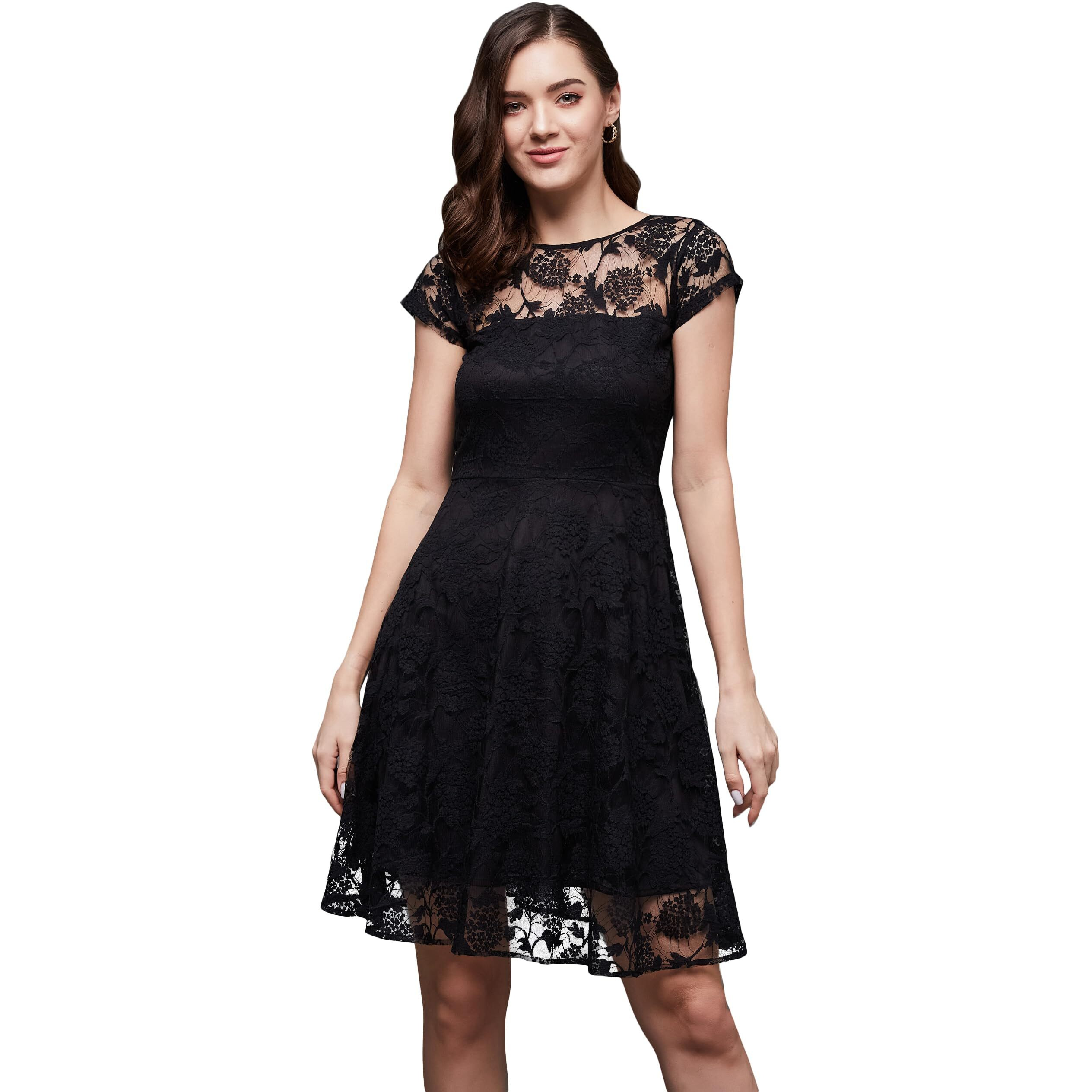 Miss Chase Women's Round Neck Cap Sleeves Low Back Lace Skater Dress(Mcss23D98-29-62-05, Black, L)