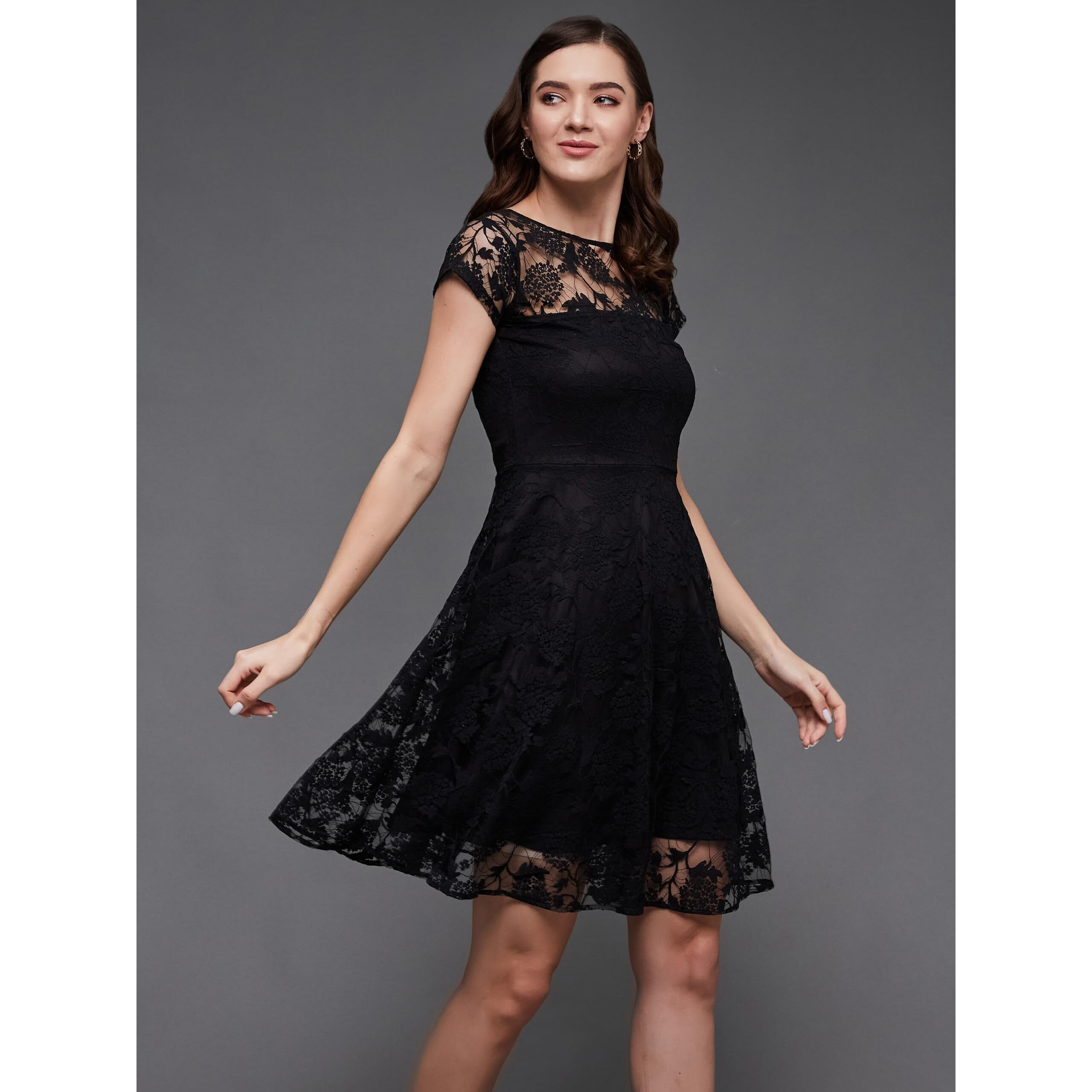 Miss Chase Women's Round Neck Cap Sleeves Low Back Lace Skater Dress(Mcss23D98-29-62-05, Black, L)