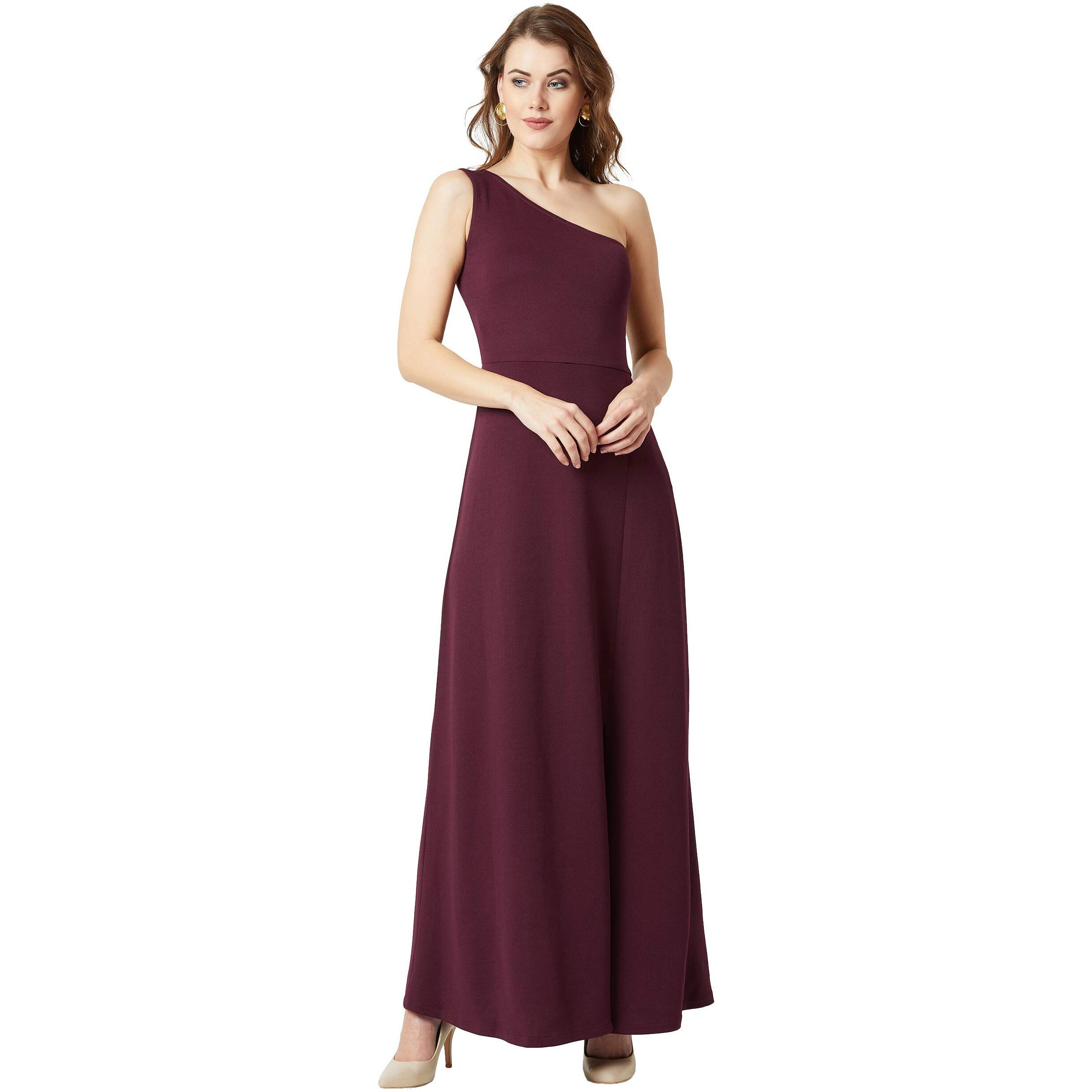 Miss Chase Women's Designer Solid One-Shoulder Sleeveless Solid Maxi Dress With Zip Closure And Side Slit (Mcss19D12-53-184-03, Wine Red, Small)