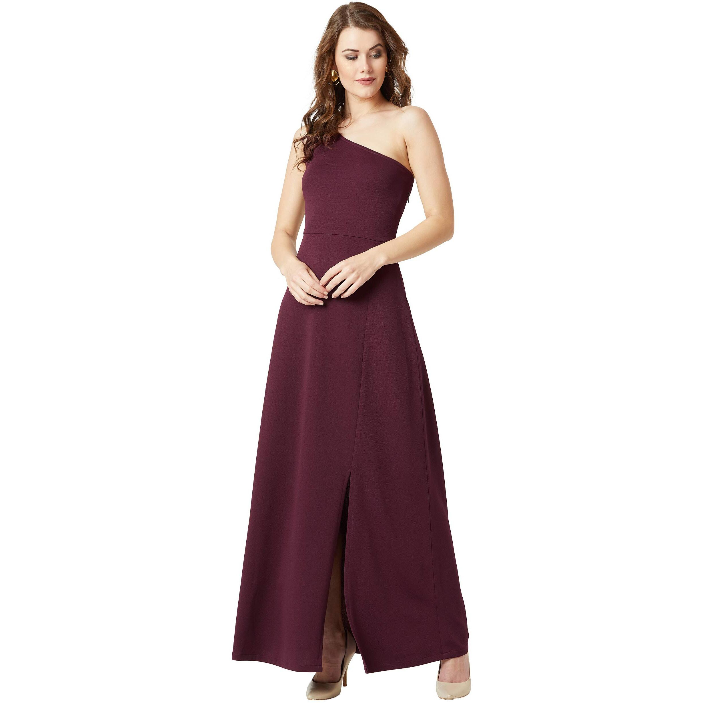Miss Chase Women's Designer Solid One-Shoulder Sleeveless Solid Maxi Dress With Zip Closure And Side Slit (Mcss19D12-53-184-03, Wine Red, Small)
