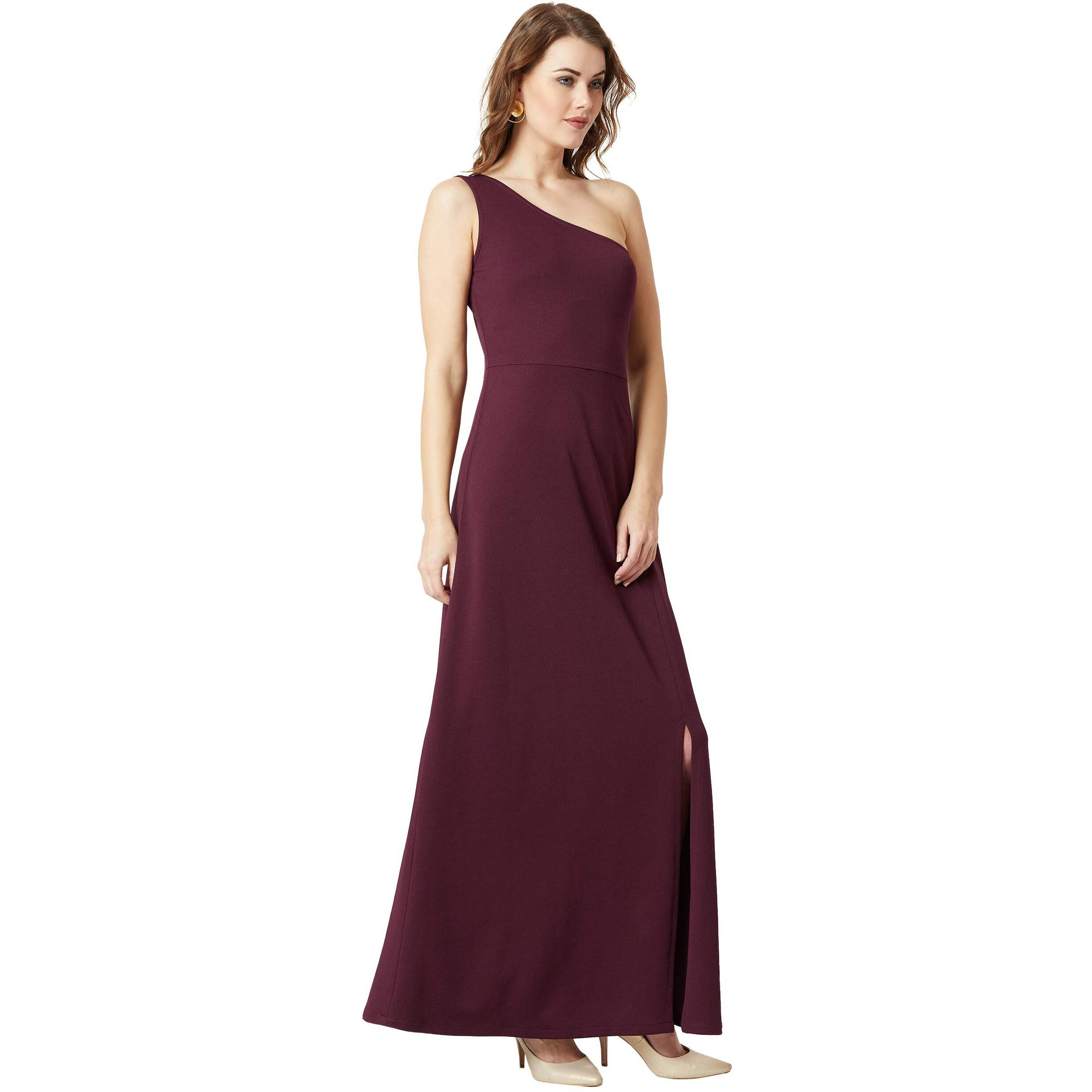 Miss Chase Women's Designer Solid One-Shoulder Sleeveless Solid Maxi Dress With Zip Closure And Side Slit (Mcss19D12-53-184-03, Wine Red, Small)