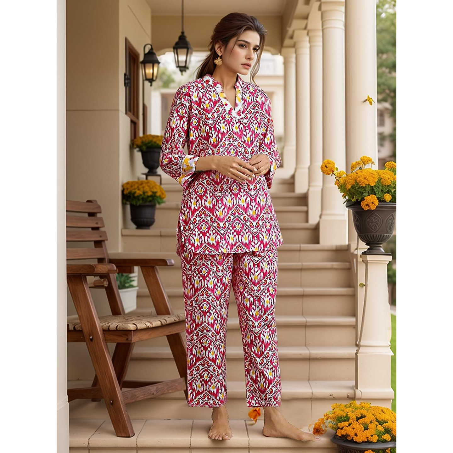 Nainvish Women's Pink Printed Straight Rayon Blend V-Neck Co-Ord Set (Sd727_Kb-S_Pink)