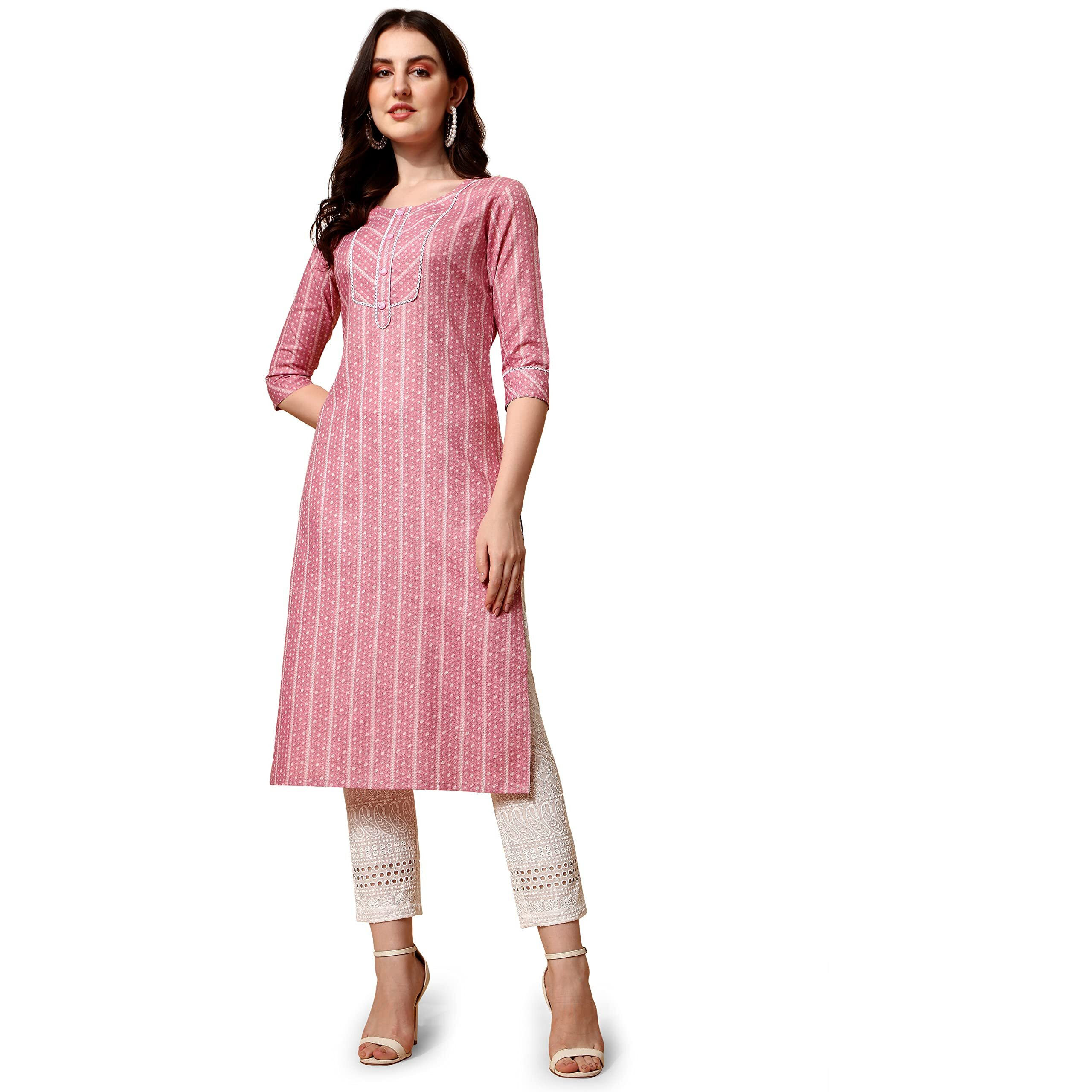 Nainvish Women's Cotton Blend Straight Round Neck Printed Kurta (Sd420_K-Xl_Pink)
