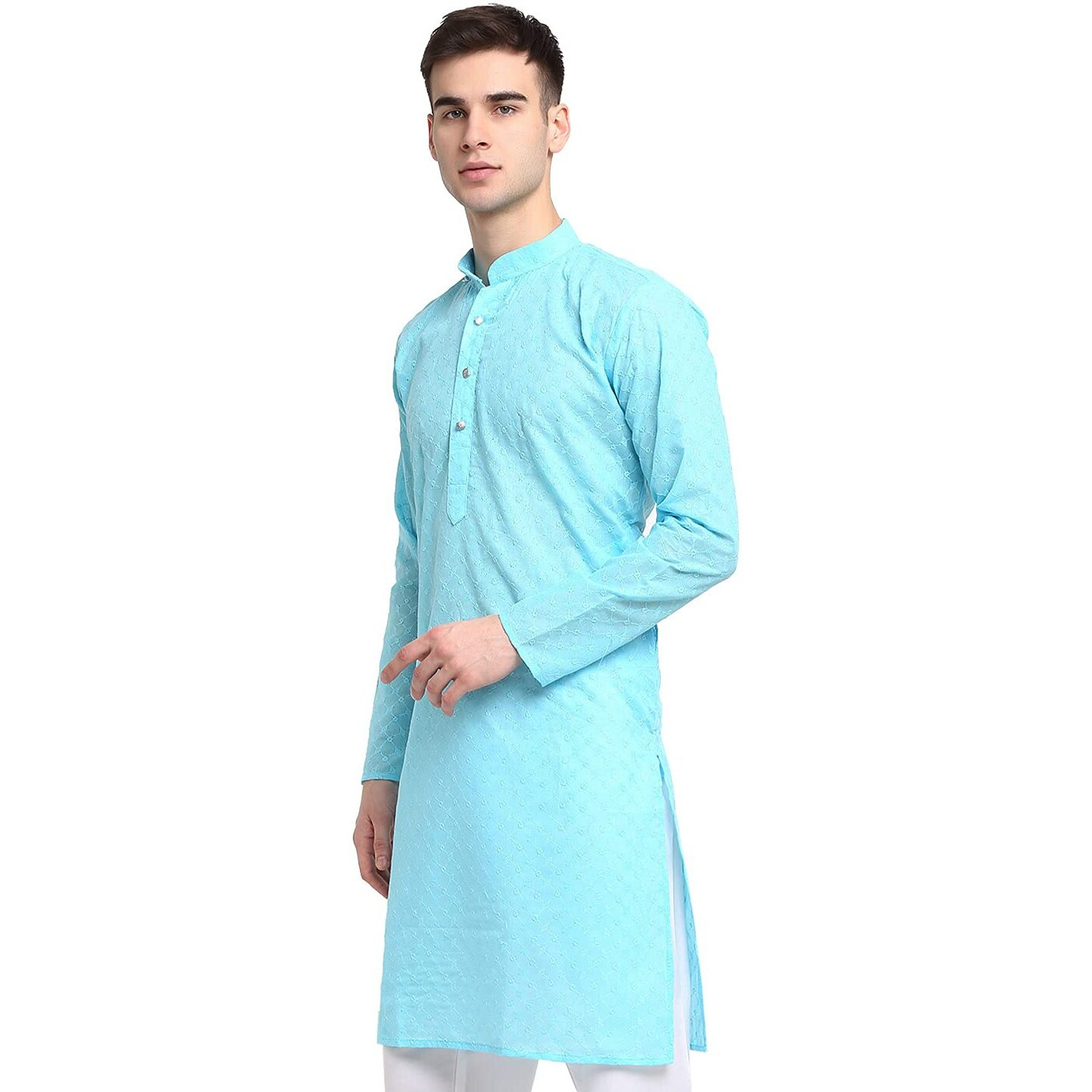 Jompers Men Sky Blue & White Self Design Kurta (Sky, Xl)