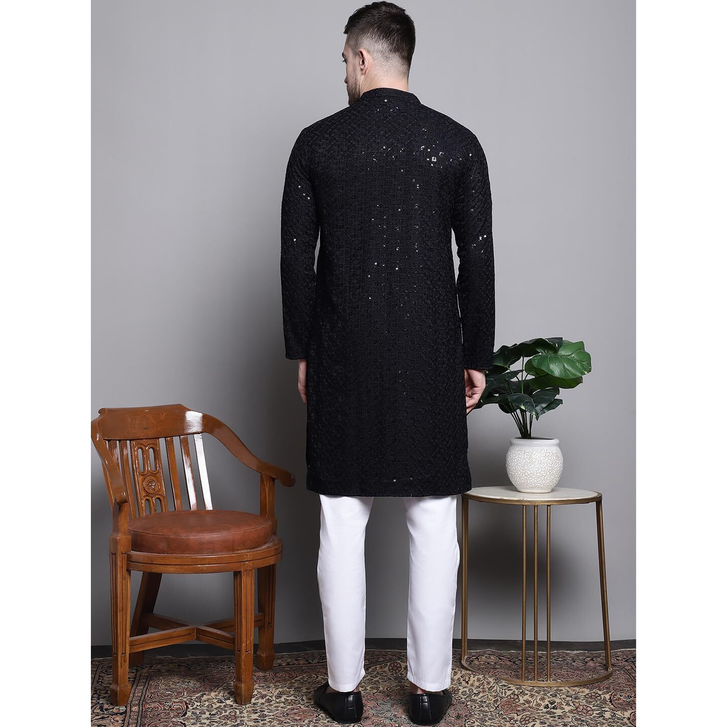 Jompers Men's Sequin Embroidered Pure Cotton Kurta With Pyjamas (Black, Xl)