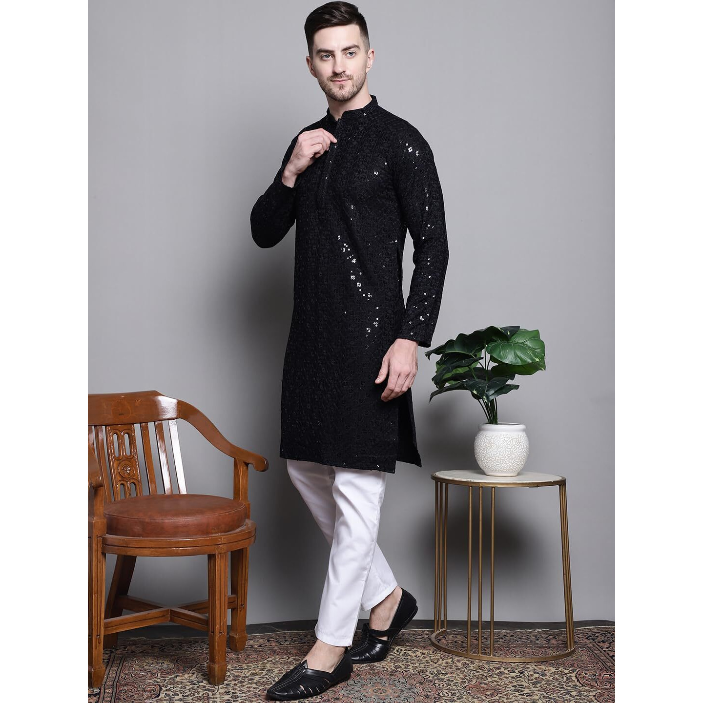 Jompers Men's Sequin Embroidered Pure Cotton Kurta With Pyjamas (Black, Xl)