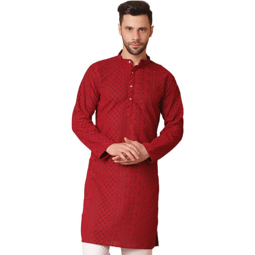 Jompers Men's Maroon Chikankari Embroidered Kurtas. (Maroon, Xl)