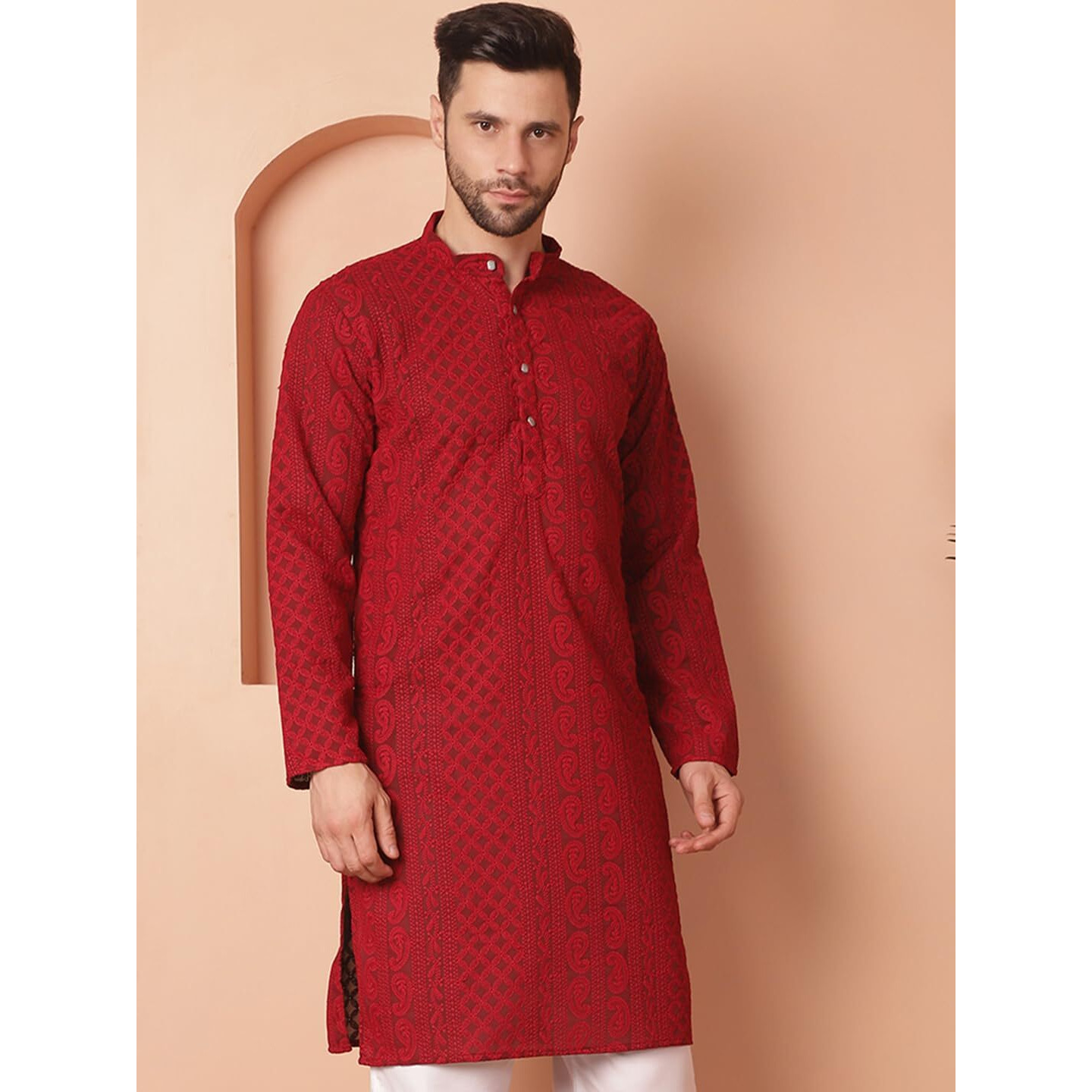 Jompers Men's Maroon Chikankari Embroidered Kurtas. (Maroon, Xl)