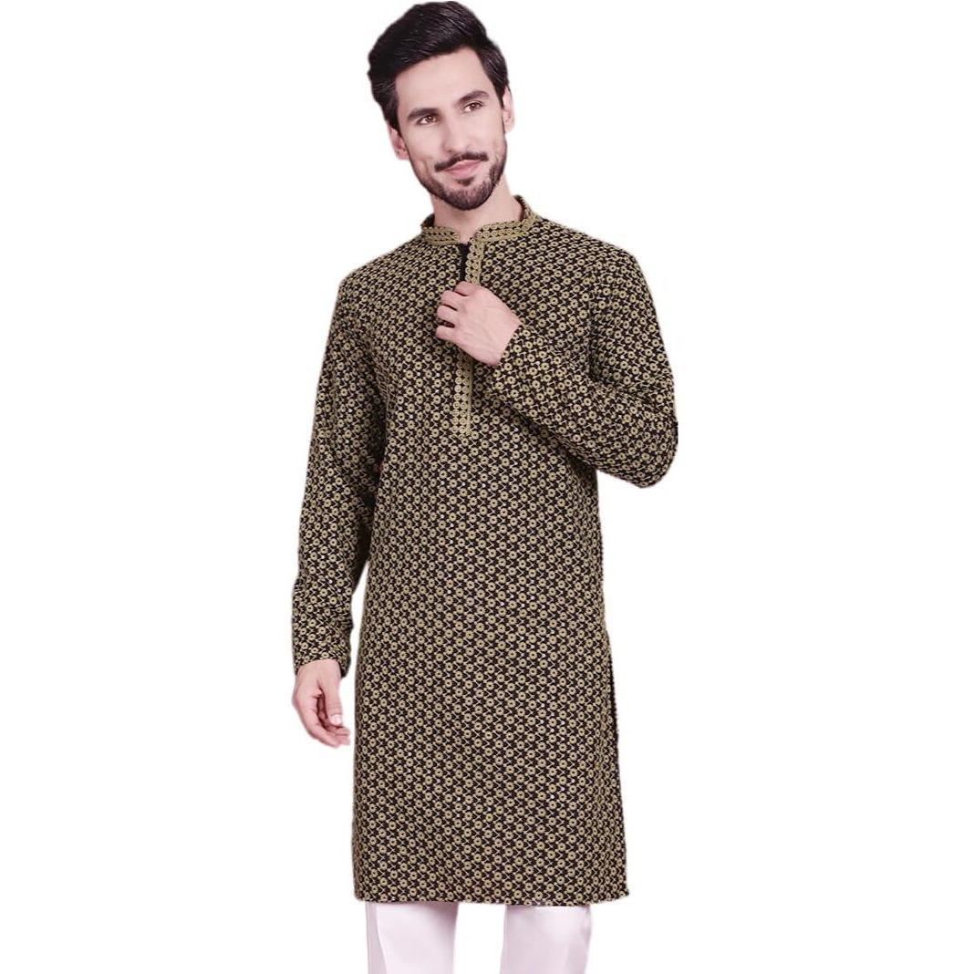 Jompers Men's Sequins Embroidered Kurtas (Mehndi, S)