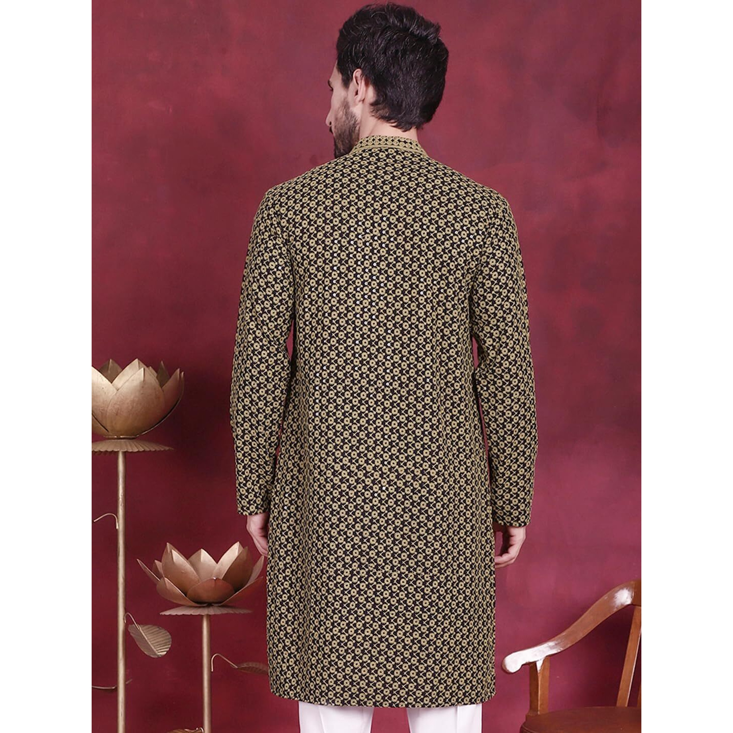 Jompers Men's Sequins Embroidered Kurtas (Mehndi, S)