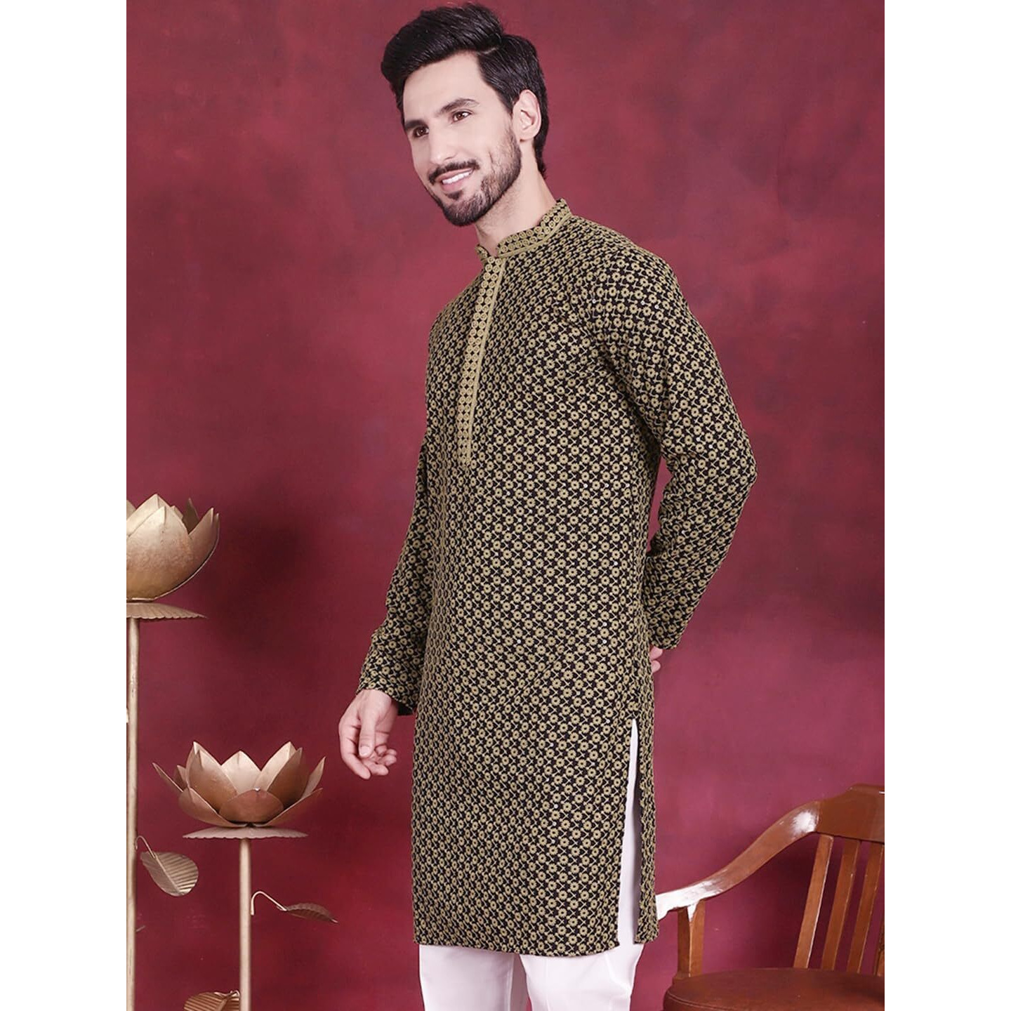 Jompers Men's Sequins Embroidered Kurtas (Mehndi, S)