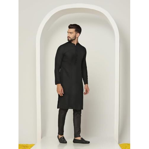 Kisah Men's Kurta, Black Jacquard, Woven Design Regular Fit Mandarin Collar Long Sleeves (L)