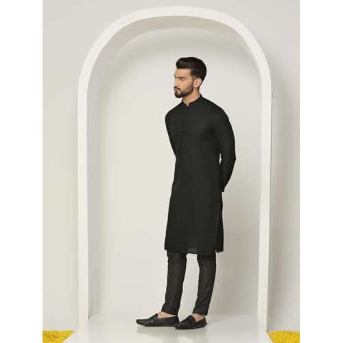 Kisah Men's Kurta, Black Jacquard, Woven Design Regular Fit Mandarin Collar Long Sleeves (L)