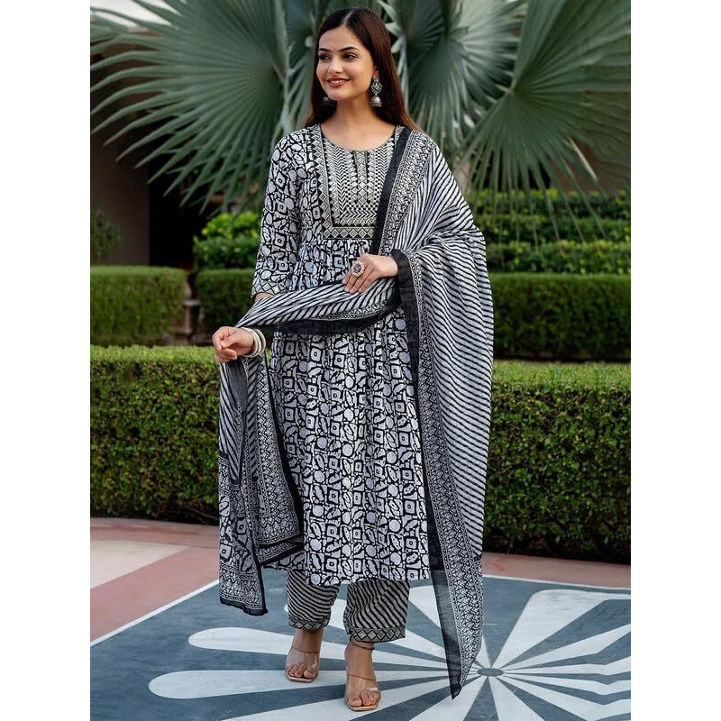 Pinkmint Women Cotton Blend Anarkali Printed Kurta With Pant & Dupatta Set Grey