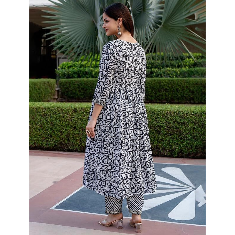 Pinkmint Women Cotton Blend Anarkali Printed Kurta With Pant & Dupatta Set Grey