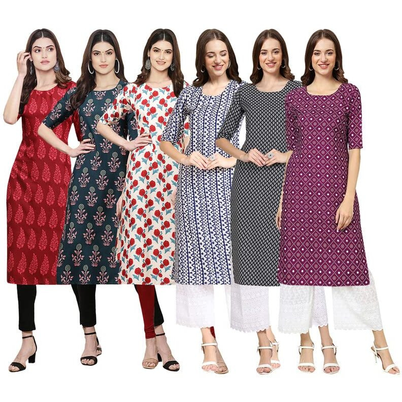 Pinkmint Women's Crepe Digital Print Straight Kurta [Pack Of 6](Qv-337-335-342-348-349-355-L)