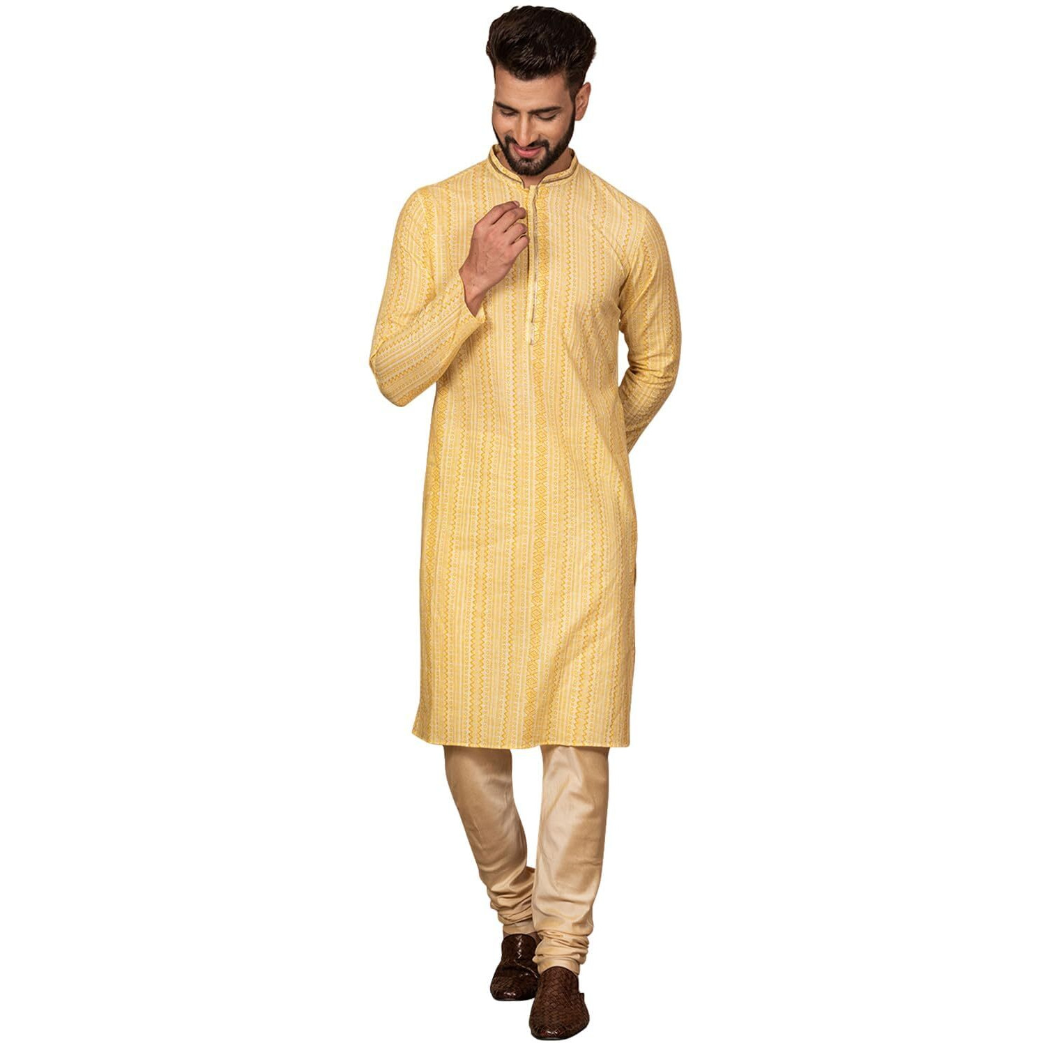 Kisah Cotton Blend Yellow Kurta For Men, Full Sleaves, Knee Length, Straight, Regular Fit, Mandarin Collar, Geometric Embroidered Mirror Work Ethnic Casual