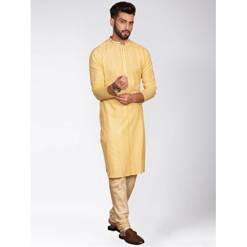 Kisah Cotton Blend Yellow Kurta For Men, Full Sleaves, Knee Length, Straight, Regular Fit, Mandarin Collar, Geometric Embroidered Mirror Work Ethnic Casual