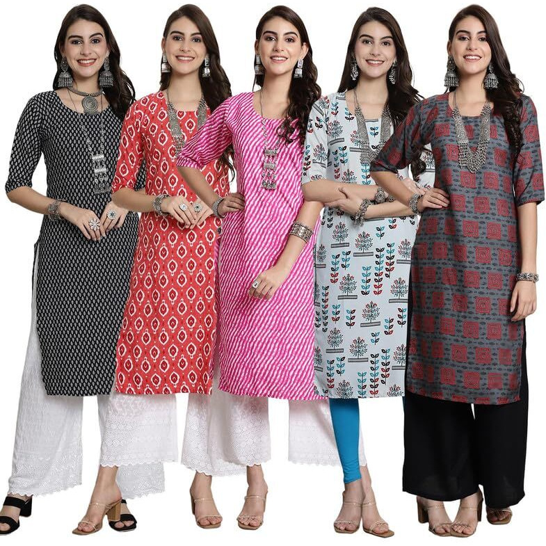 Pinkmint Women's Crepe Kurti For Women's Ethnic Printed Kurti For Women's (Pack Of 5)