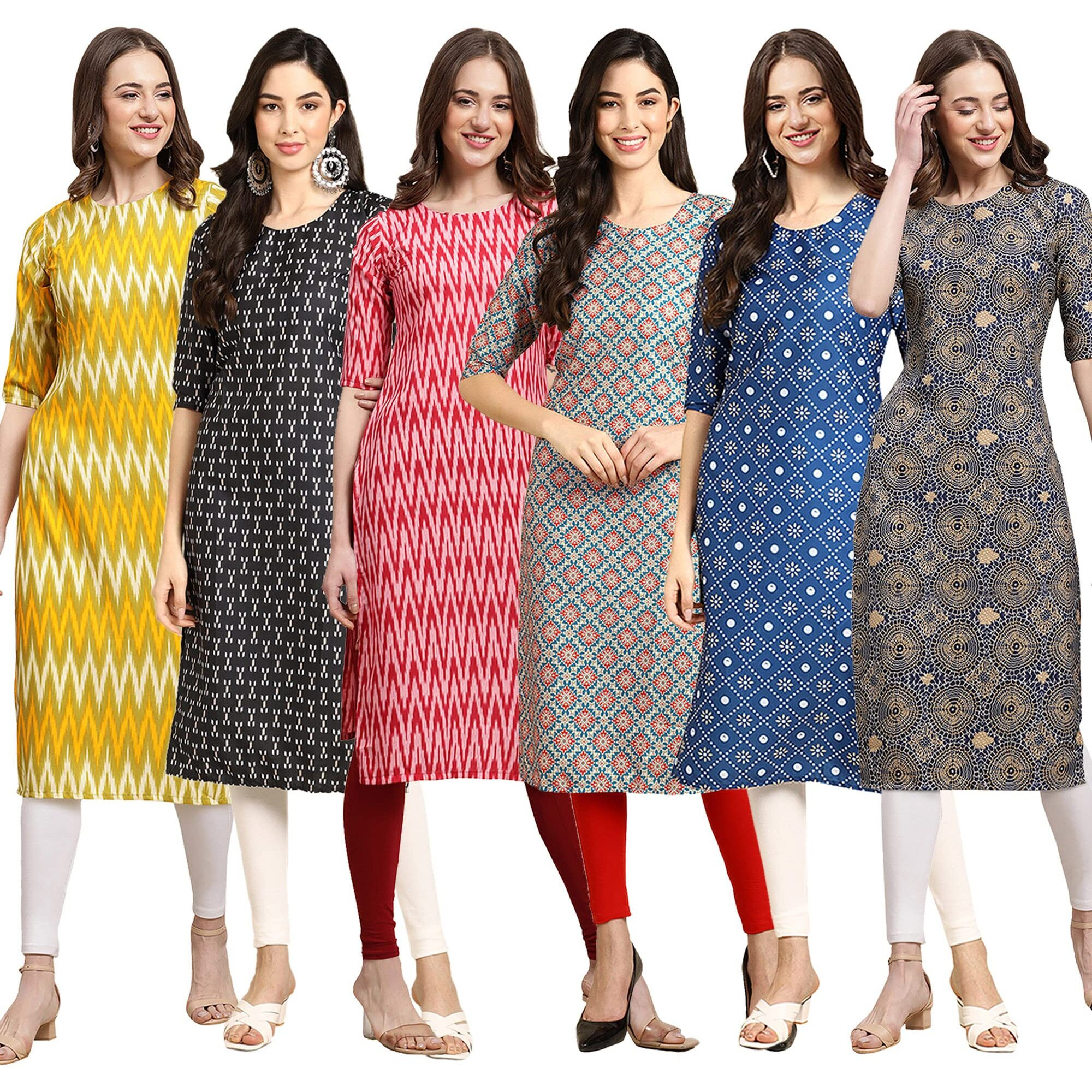 Pinkmint Women's Crepe Digital Print Straight Kurta Pack Of 6 [Cr-329-362-328-372-353-341-L]