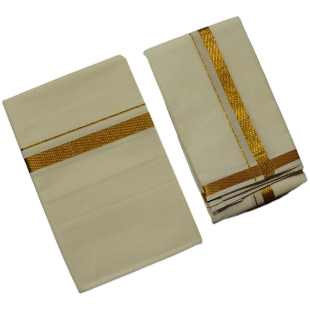 Prakasam Cotton Mens Cream Jari Cotton Dhoti And Angavastram Set (1.30X2.00 Meter Dhoti, 36X1.80 Towel)-(Sandal-001)