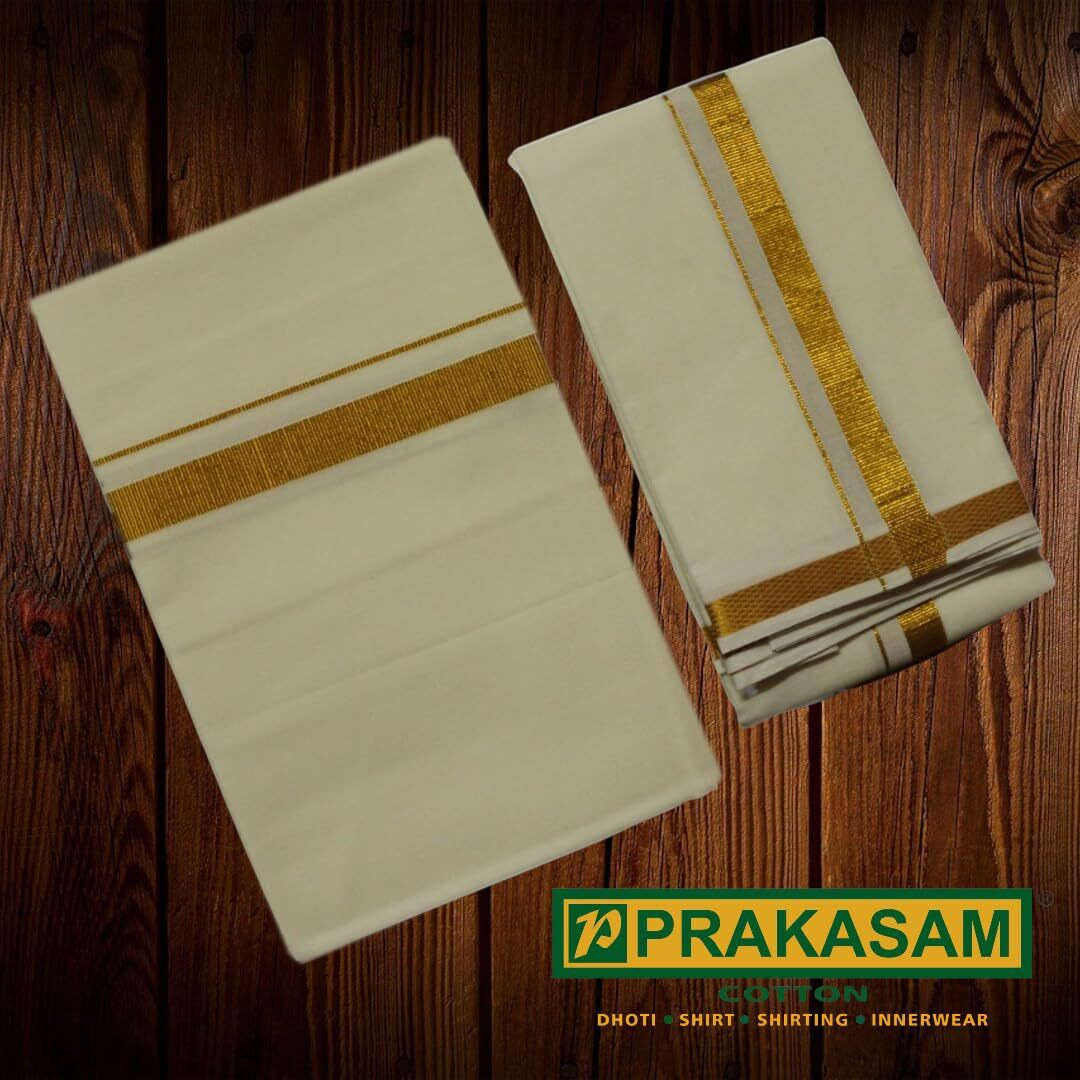 Prakasam Cotton Mens Cream Jari Cotton Dhoti And Angavastram Set (1.30X2.00 Meter Dhoti, 36X1.80 Towel)-(Sandal-001)