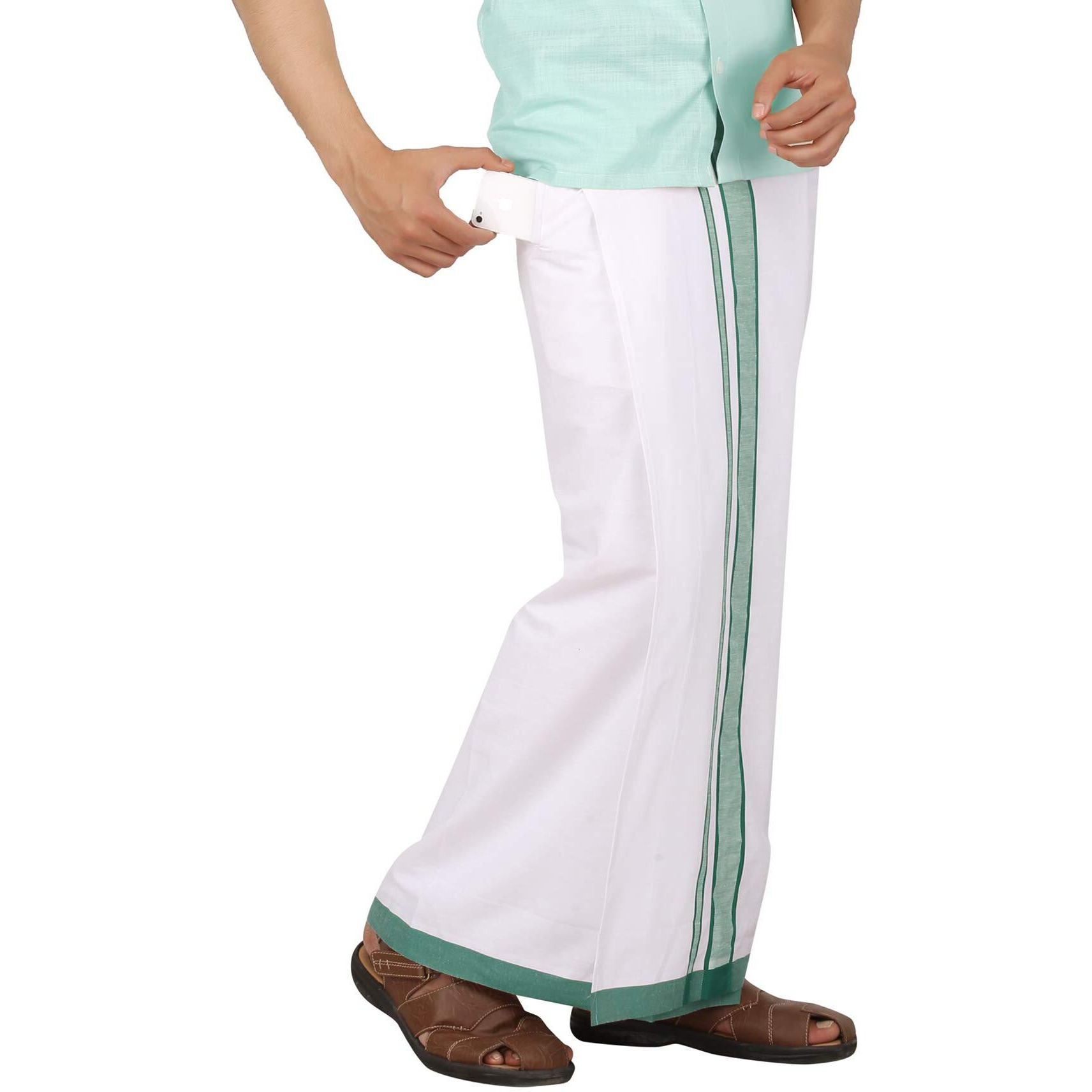 Prakasam Cotton Men's Welcro Pocket Green Border Dhoti