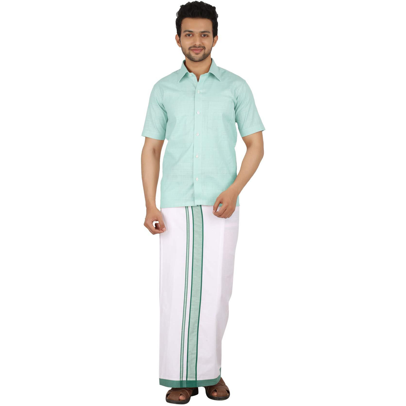 Prakasam Cotton Men's Welcro Pocket Green Border Dhoti
